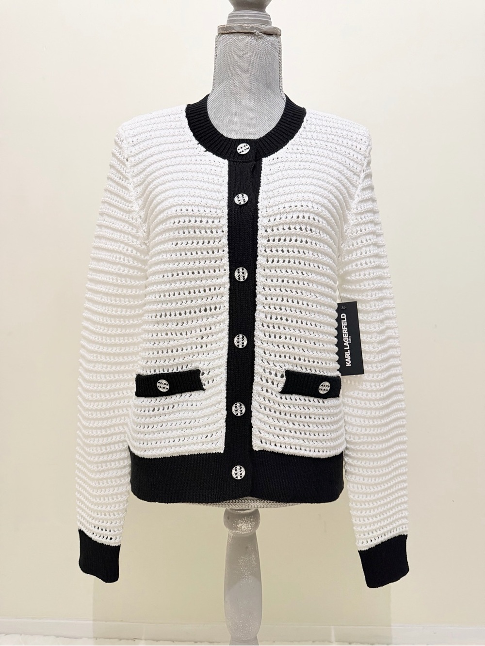 Karl Lagerfeld White and Black Open-Knit Button Cardigan